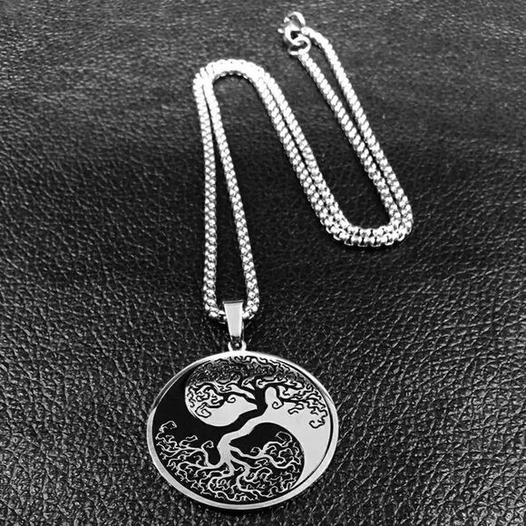 Stainless Steel Black And White Tree Of Life Round Pendant Necklace - Picture 2 of 6